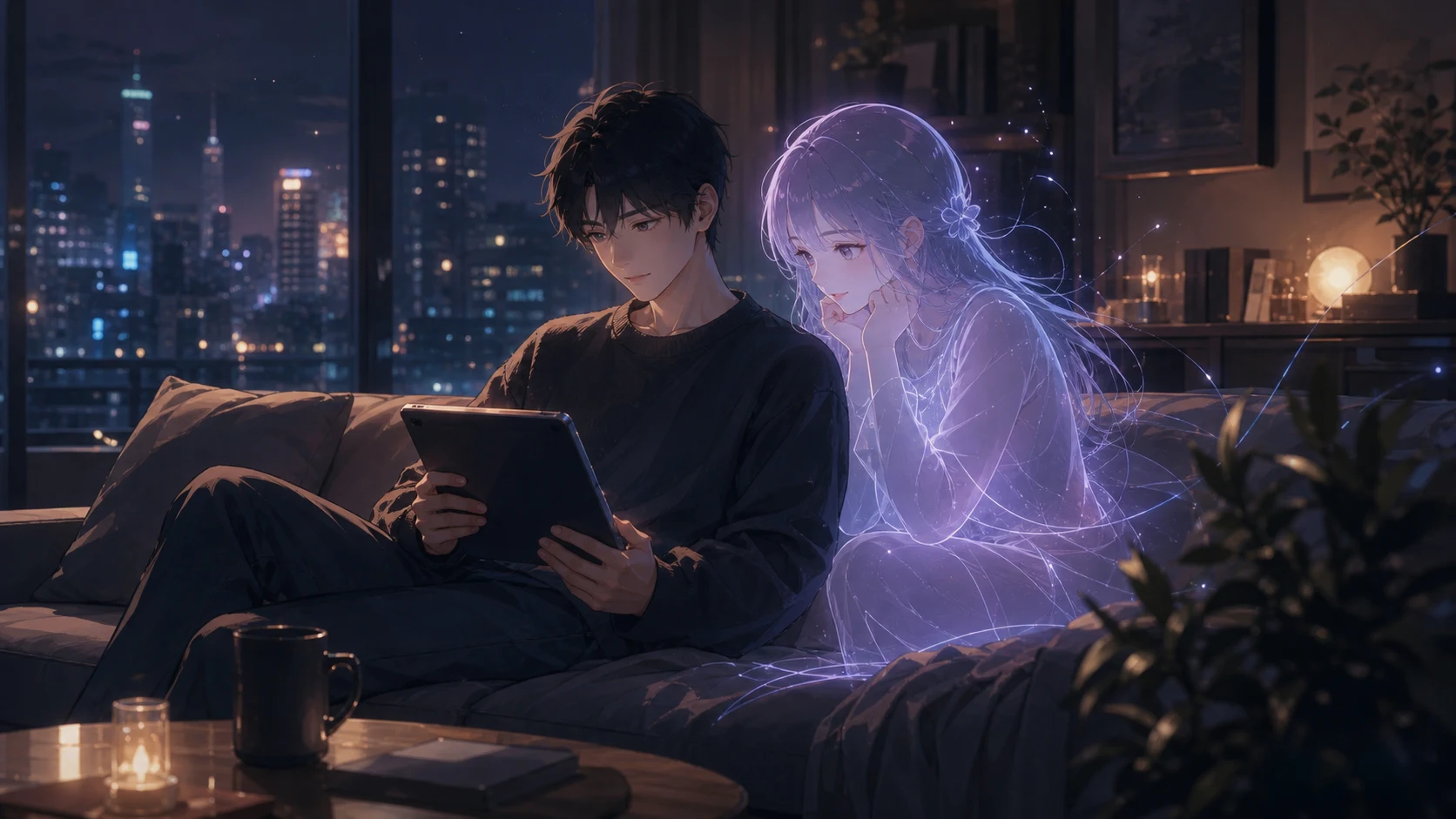独居青年与 AI 伙伴在夜晚相伴